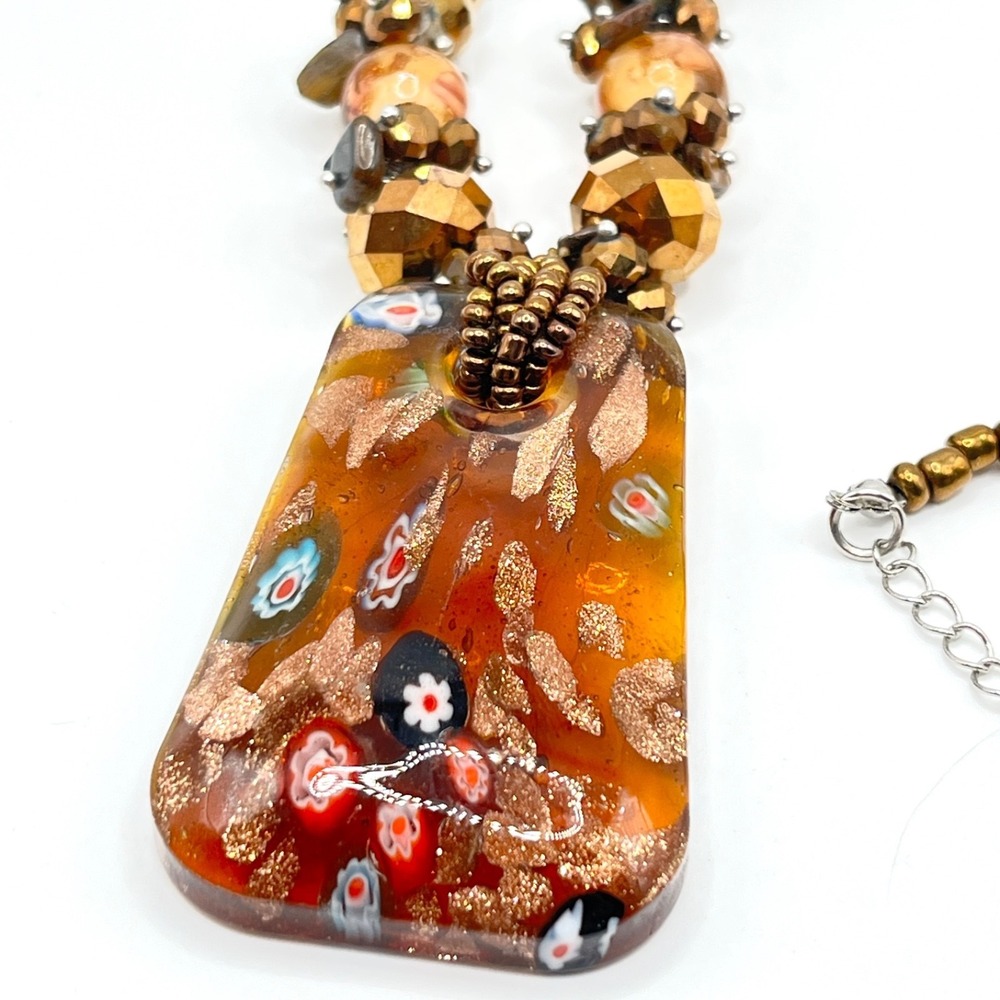 Erica Lions Brown Millefiori Style Glass Pendant Beaded Necklace 20" - Picture 3 of 14